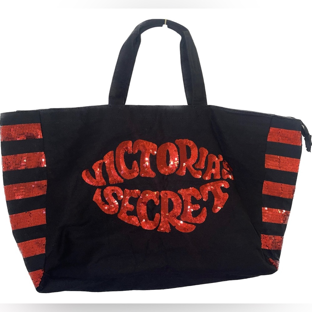 Victoria’s Secret Black & Red Lips Sequin Large Zippered Tote Bag